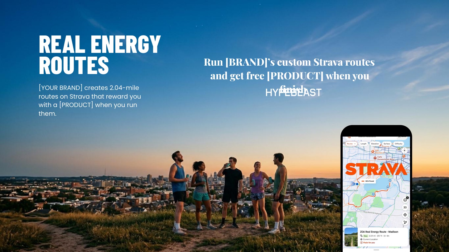 Real Energy Routes — full idea slide: 2.04-mile Strava routes that reward you at the finish.